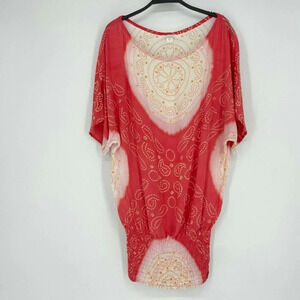 CoolChange Blouse Womens Sz SM Red Cream Paisley Dolman Sleeve Elastic Hem Tunic